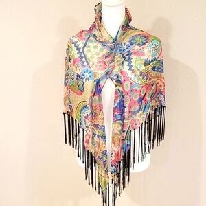 Floral fringed shawl,wrap one size,polyester.